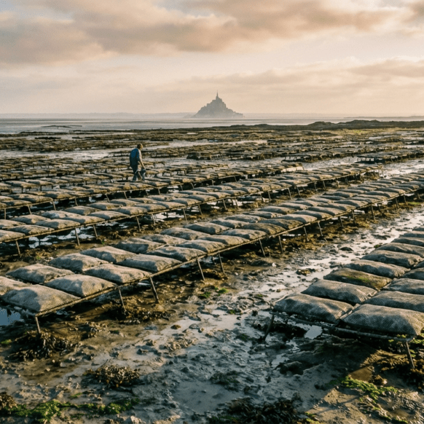 Ostréiculteur travaillant dans les parcs à huîtres à marée basse à Cancale en Bretagne