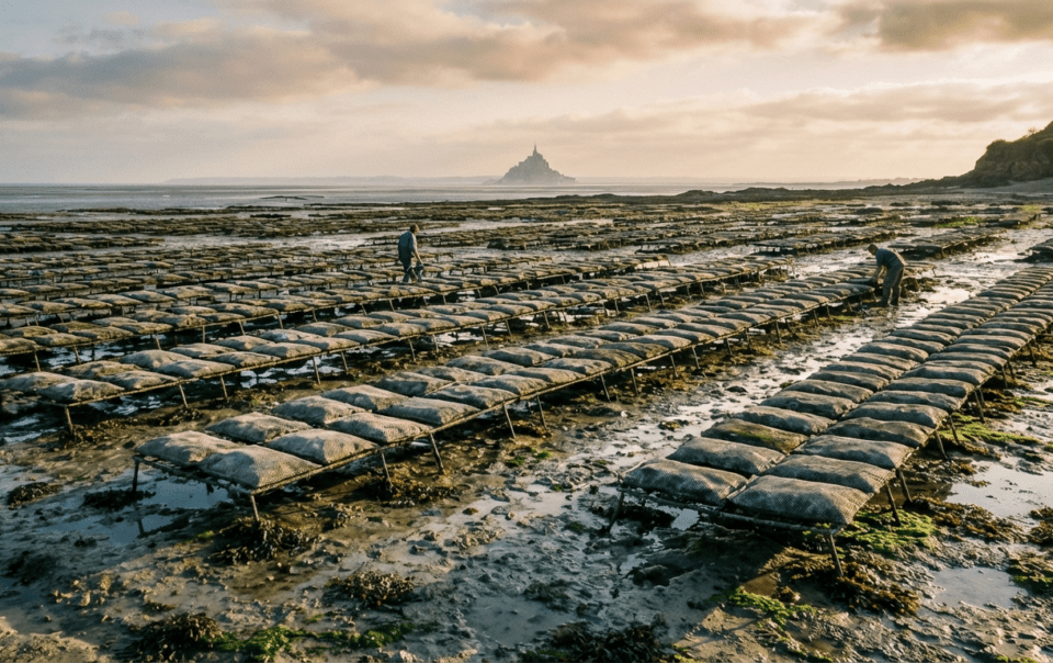 Ostréiculteur travaillant dans les parcs à huîtres à marée basse à Cancale en Bretagne