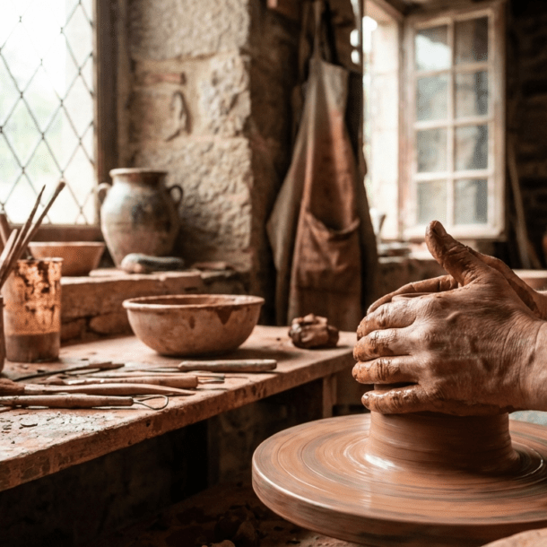 Mains façonnant un bol d'argile sur un tour de potier lors d'un stage en Bretagne près de Combourg