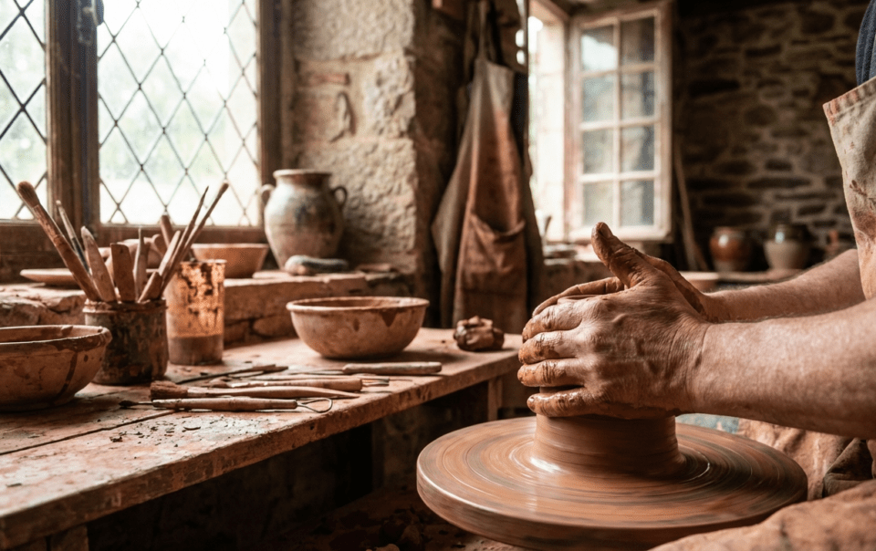 Mains façonnant un bol d'argile sur un tour de potier lors d'un stage en Bretagne près de Combourg