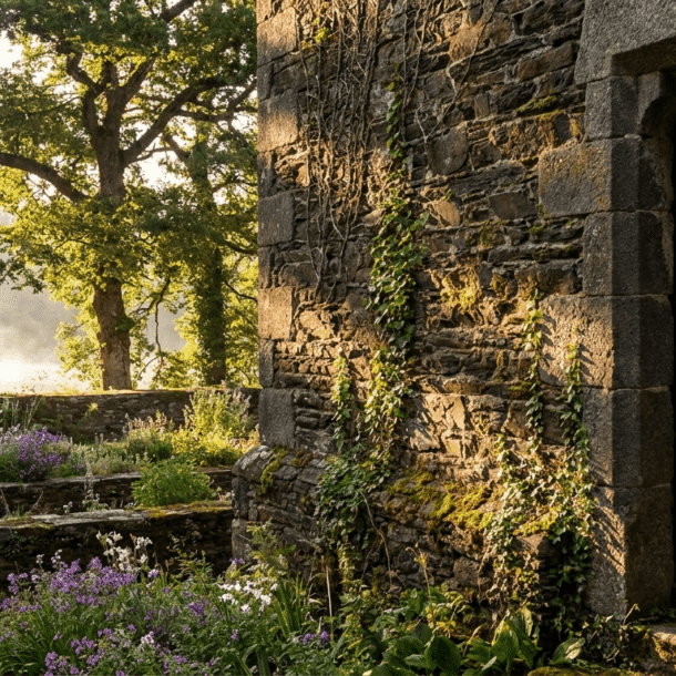 Château de Combourg et ses tours de schiste reflétés dans le lac, demeure de Chateaubriand en Bretagne