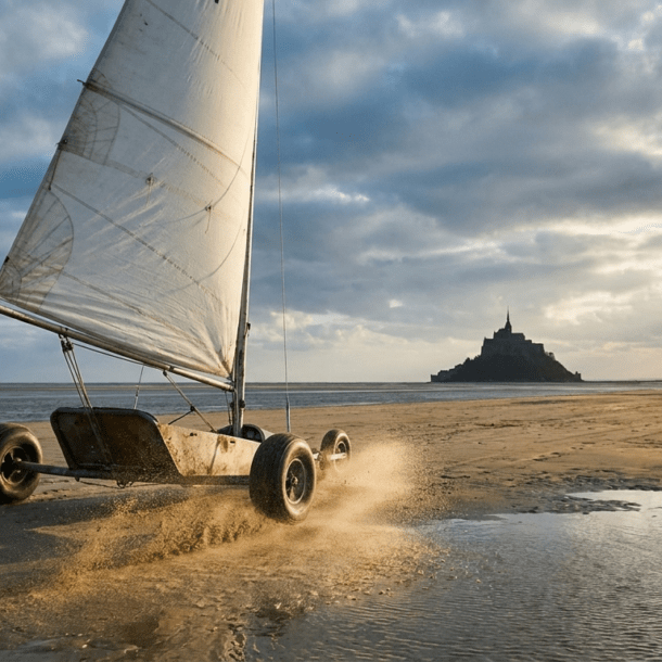 Char à voile filant sur le sable de la baie du Mont-Saint-Michel à marée basse en Bretagne