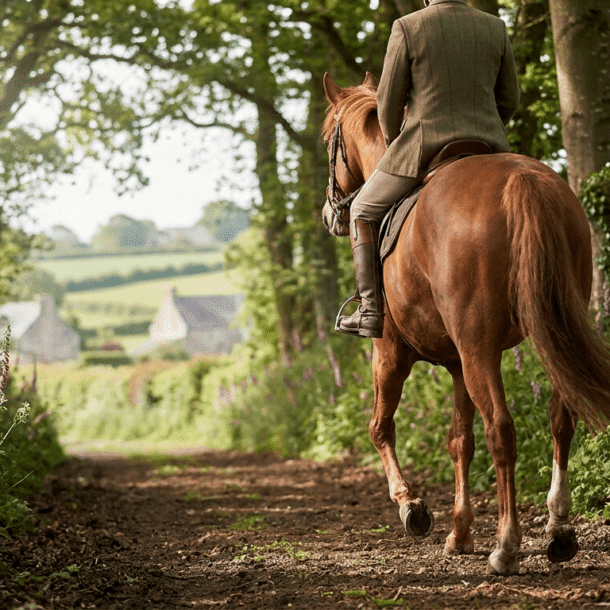 Cavaliers en randonnée à cheval sur un chemin bocager près de Combourg en Ille-et-Vilaine