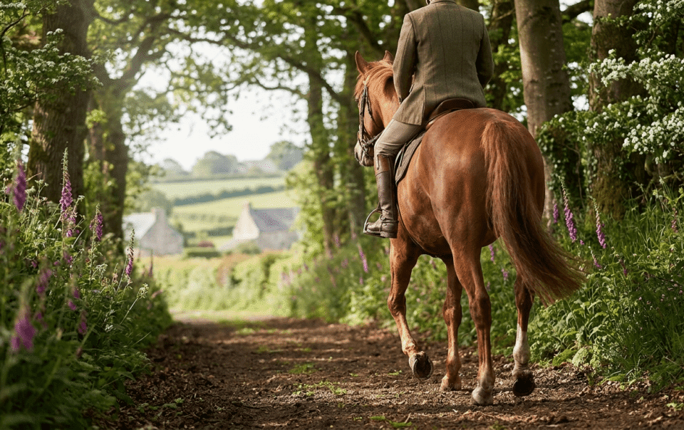 Cavaliers en randonnée à cheval sur un chemin bocager près de Combourg en Ille-et-Vilaine