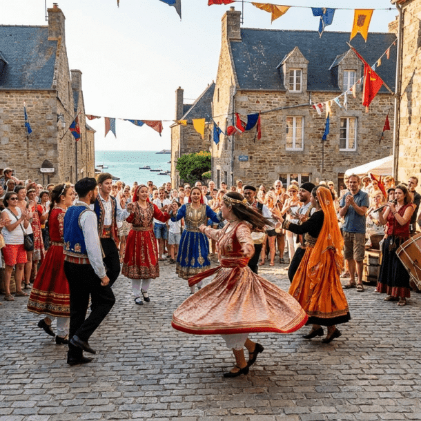 Danseurs en costumes traditionnels au Festival Folklores du Monde à Saint-Malo en Bretagne