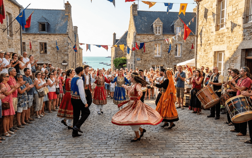 Danseurs en costumes traditionnels au Festival Folklores du Monde à Saint-Malo en Bretagne
