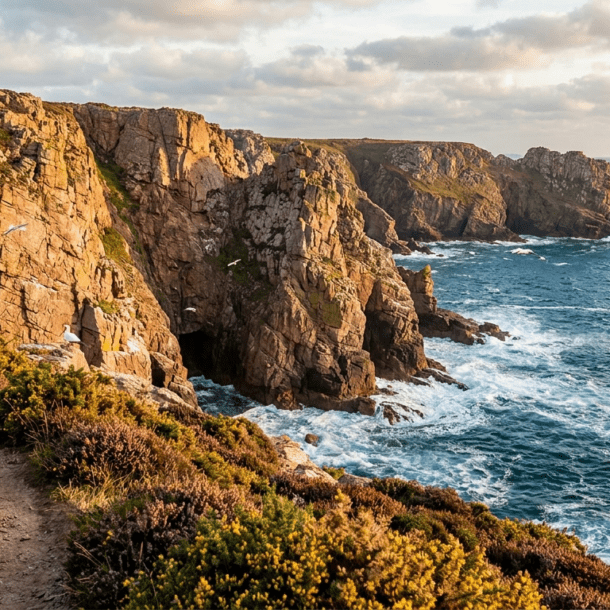 Falaises du Cap Fréhel et son phare dominant la mer le long du GR34 en Bretagne