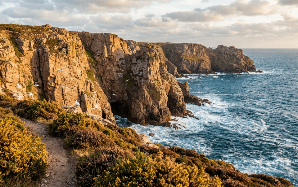 Falaises du Cap Fréhel et son phare dominant la mer le long du GR34 en Bretagne