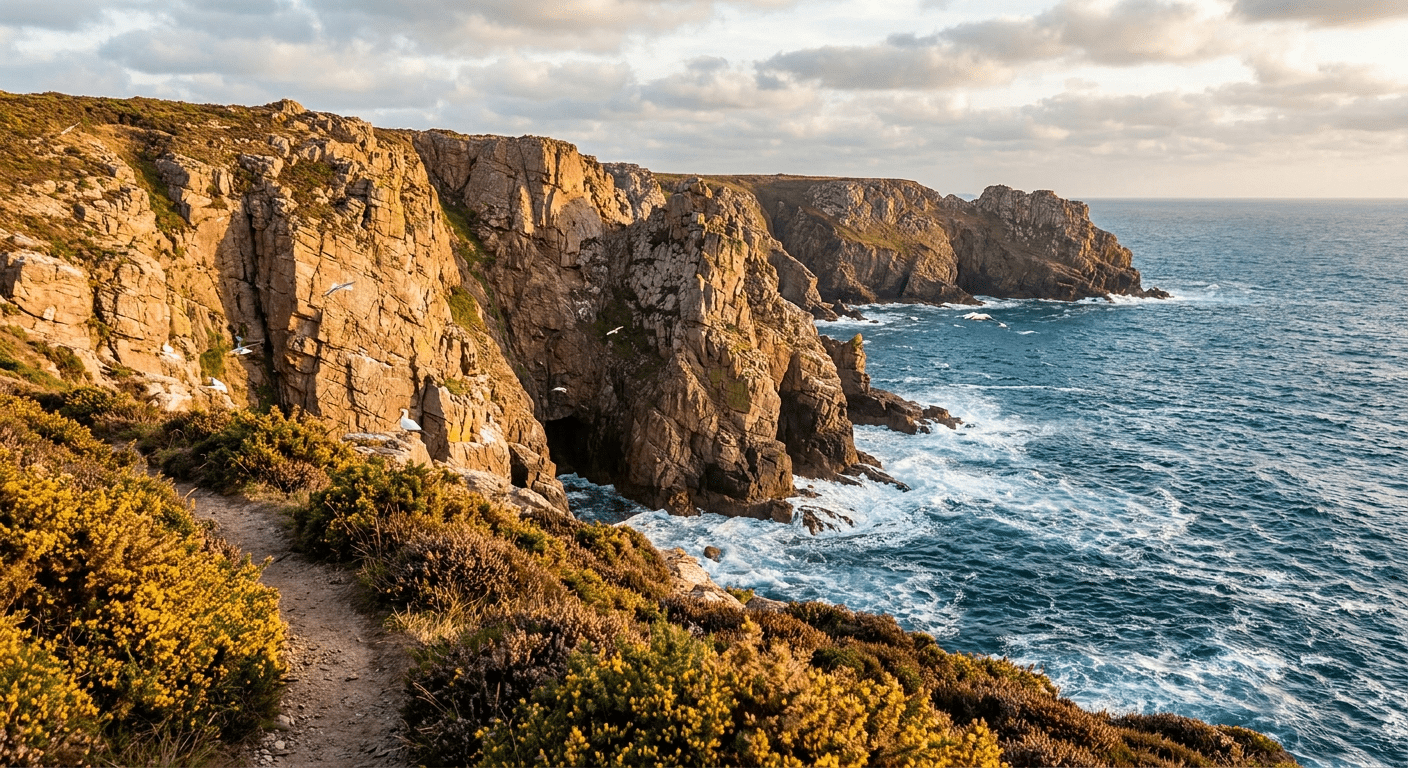 Hôtel randonneur en Bretagne 1 Falaises du Cap Fréhel et son phare dominant la mer le long du GR34 en Bretagne