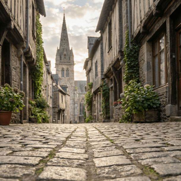 Château fort médiéval de Fougères et ses tours entouré de douves en Bretagne