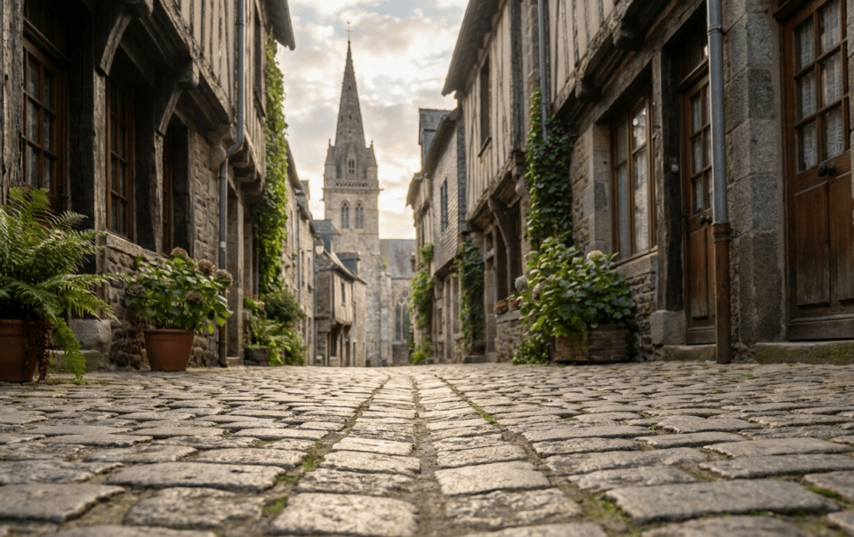 Château fort médiéval de Fougères et ses tours entouré de douves en Bretagne