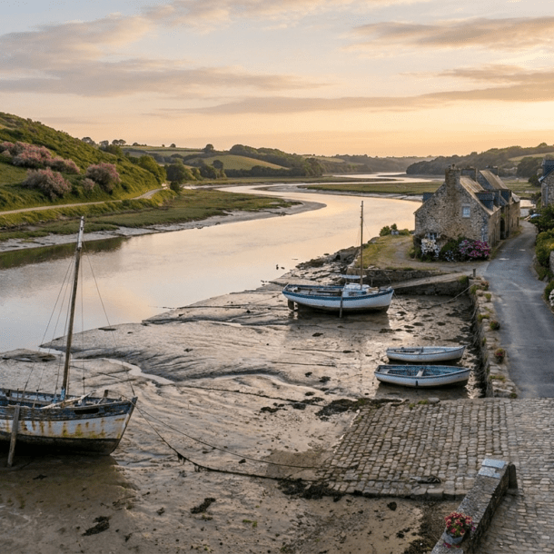 Village de Saint-Suliac et ses maisons de pêcheurs au bord de la Rance en Bretagne