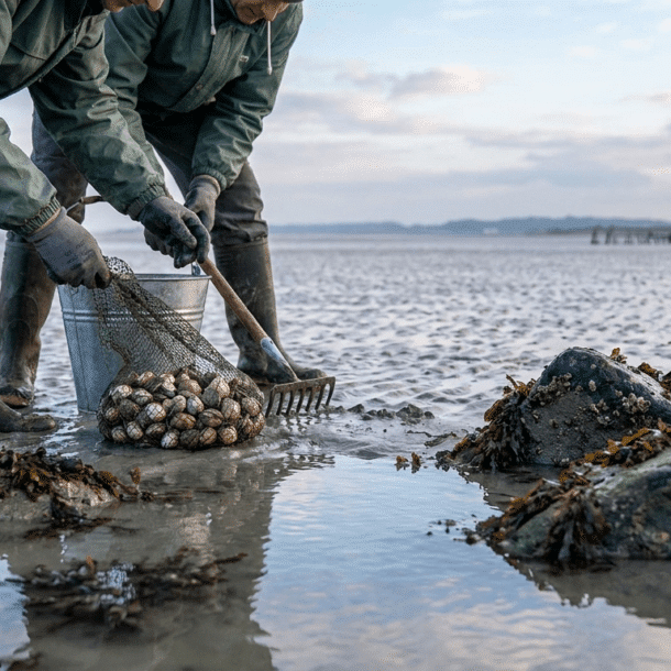Pêcheurs à pied ramassant des coques sur les grèves de la baie du Mont-Saint-Michel en Bretagne