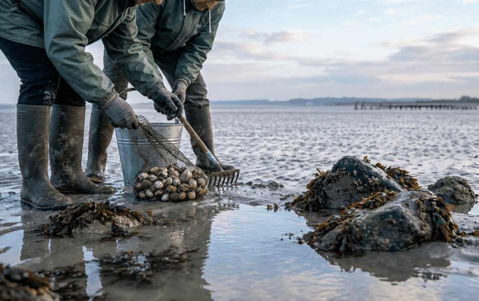 Pêcheurs à pied ramassant des coques sur les grèves de la baie du Mont-Saint-Michel en Bretagne