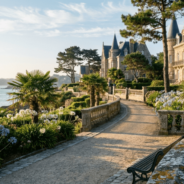 Villas Belle Époque de Dinard surplombant la plage de l'Écluse sur la Côte d'Émeraude en Bretagne