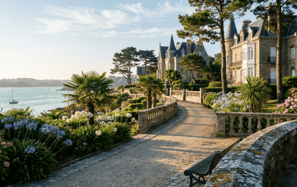 Villas Belle Époque de Dinard surplombant la plage de l'Écluse sur la Côte d'Émeraude en Bretagne