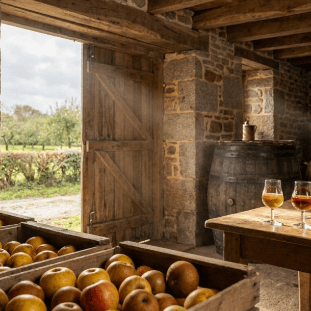 Alambic en cuivre et pommes à cidre dans une cidrerie artisanale d'Ille-et-Vilaine près de Combourg en Bretagne