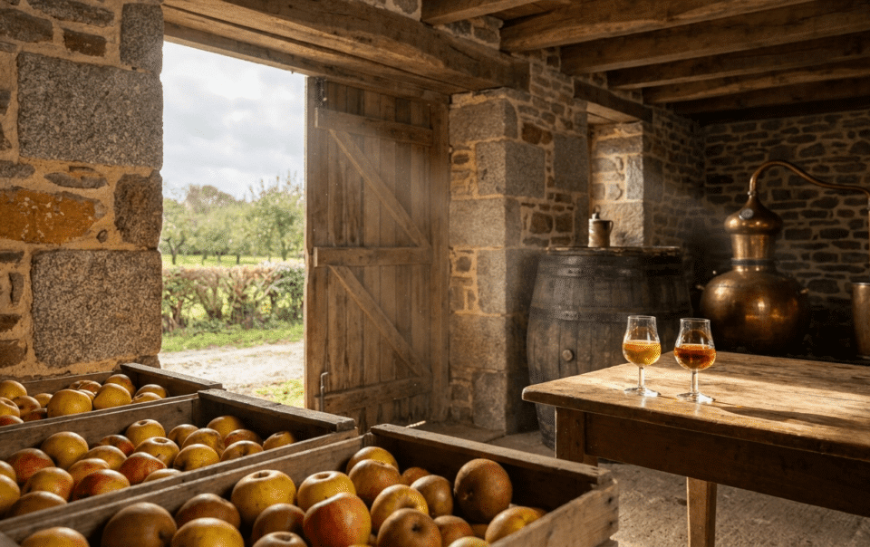 Alambic en cuivre et pommes à cidre dans une cidrerie artisanale d'Ille-et-Vilaine près de Combourg en Bretagne