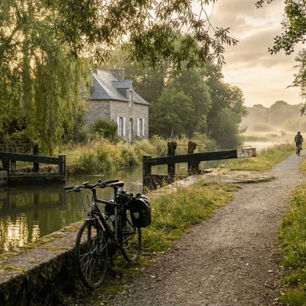 Cycliste sur le chemin de halage du canal d'Ille-et-Rance près de Combourg, entre écluses et nature bretonne