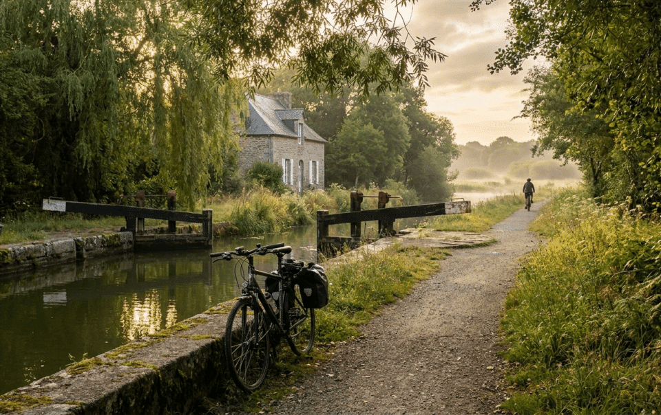 Cycliste sur le chemin de halage du canal d'Ille-et-Rance près de Combourg, entre écluses et nature bretonne