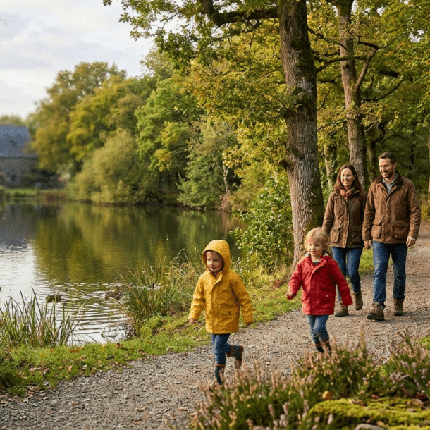 Famille en balade devant le château de Combourg et son lac lors d'un séjour de 3 jours en Bretagne