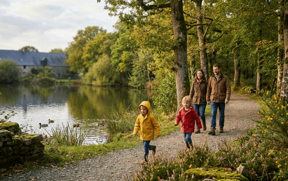 Famille en balade devant le château de Combourg et son lac lors d'un séjour de 3 jours en Bretagne