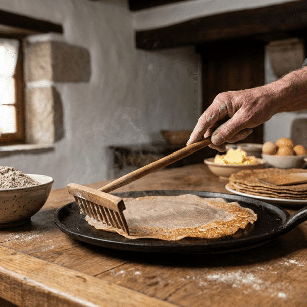 Cuisson d'une galette de sarrasin sur billig lors d'un cours de cuisine bretonne près de Combourg
