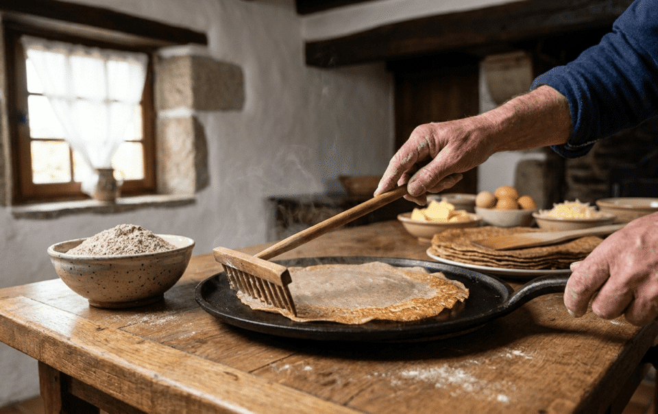 Cuisson d'une galette de sarrasin sur billig lors d'un cours de cuisine bretonne près de Combourg