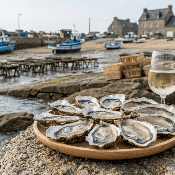 Dégustation d'huîtres fraîches sur le port de Cancale face à la baie du Mont-Saint-Michel en Bretagne