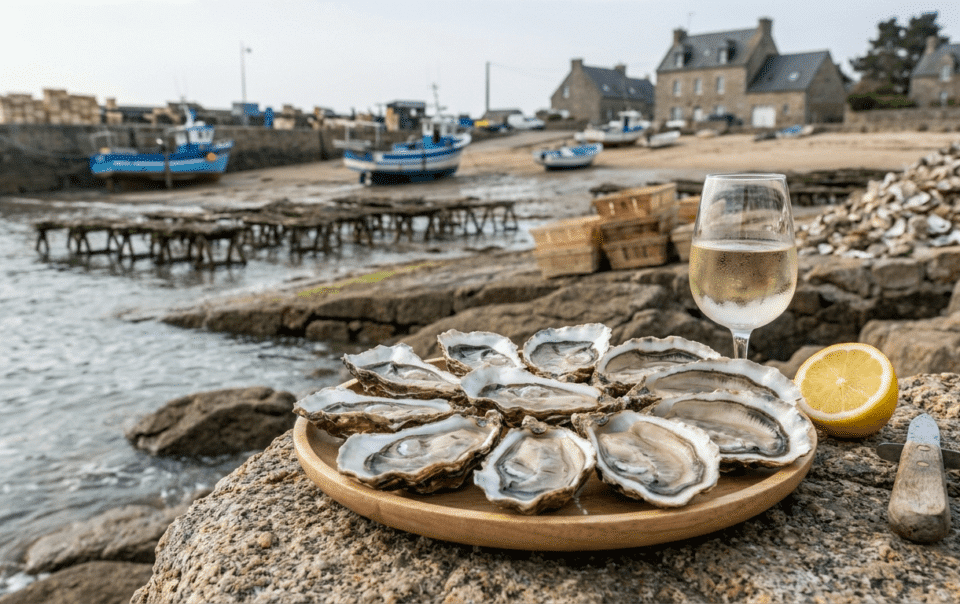 Dégustation d'huîtres fraîches sur le port de Cancale face à la baie du Mont-Saint-Michel en Bretagne