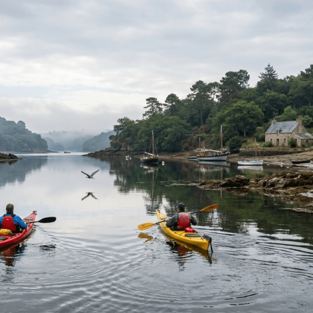 Kayak sur la Rance entre Dinan et Saint-Malo, pagayeurs longeant les rives boisées de l'estuaire breton