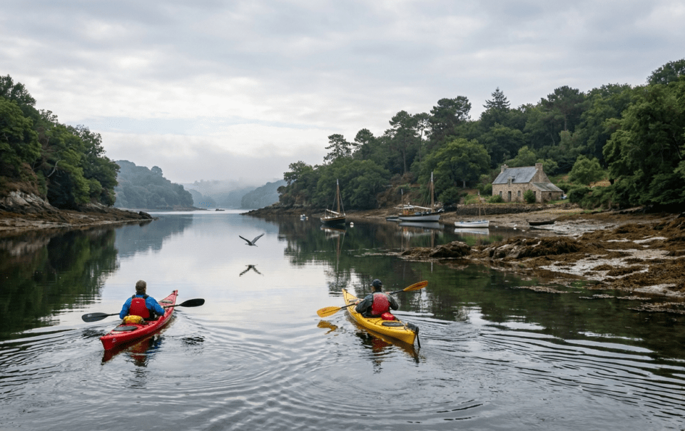 Kayak sur la Rance entre Dinan et Saint-Malo, pagayeurs longeant les rives boisées de l'estuaire breton