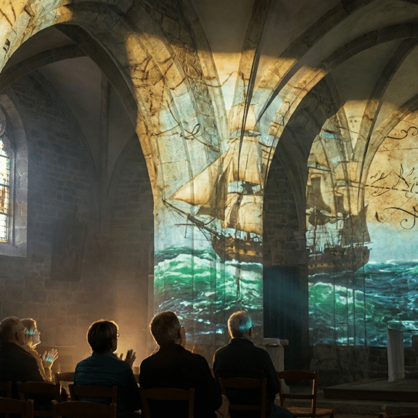 Spectacle sons et lumières Terra Aletia dans l'Église Sainte-Croix de Saint-Malo, projections sur les voûtes en Bretagne