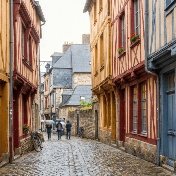Maisons à pans de bois colorées de la rue Saint-Georges dans le centre historique de Rennes en Bretagne