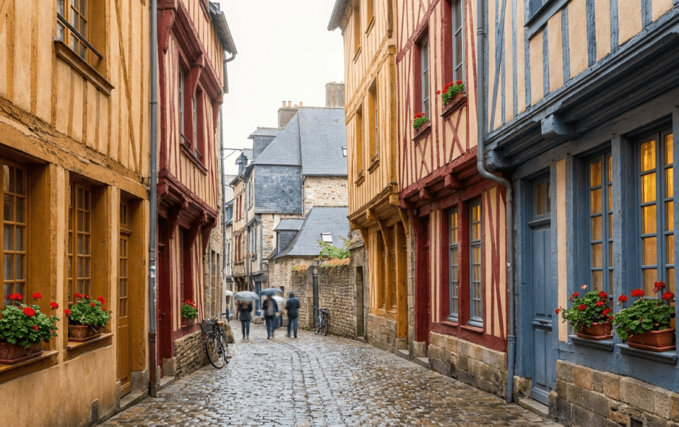 Maisons à pans de bois colorées de la rue Saint-Georges dans le centre historique de Rennes en Bretagne