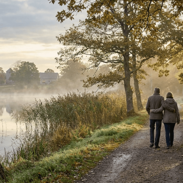Couple flânant au bord du lac Tranquille face au château de Combourg lors d'un week-end en Bretagne