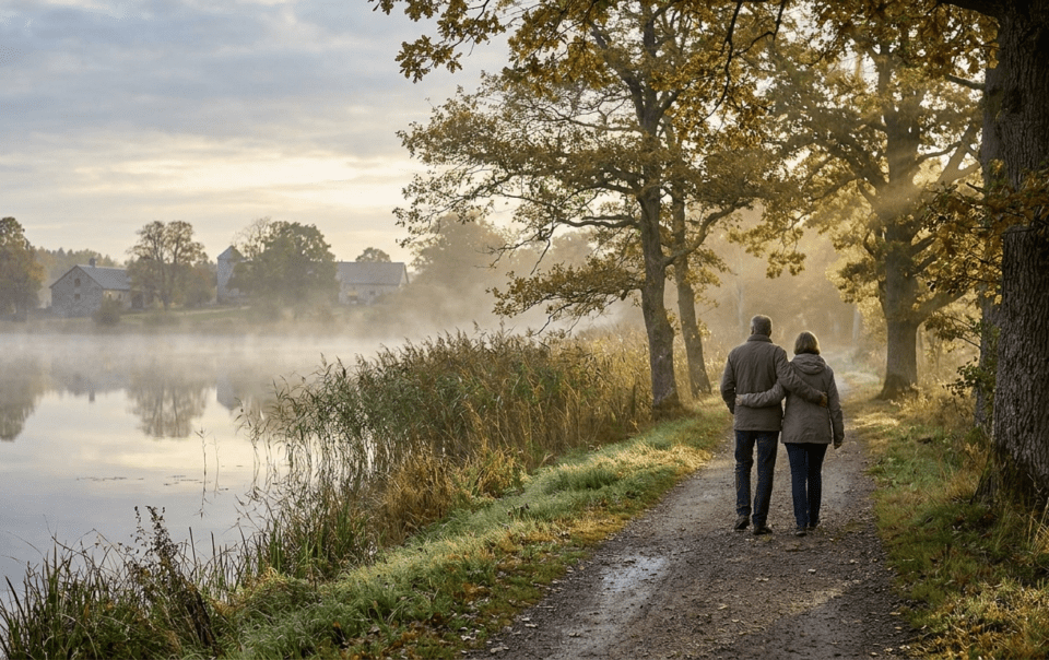 Couple flânant au bord du lac Tranquille face au château de Combourg lors d'un week-end en Bretagne
