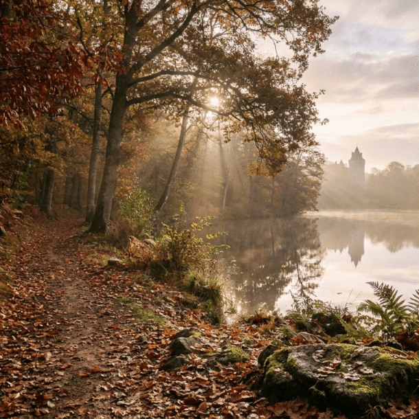 Château de Combourg et forêt aux couleurs d'automne se reflétant dans le lac Tranquille en Bretagne