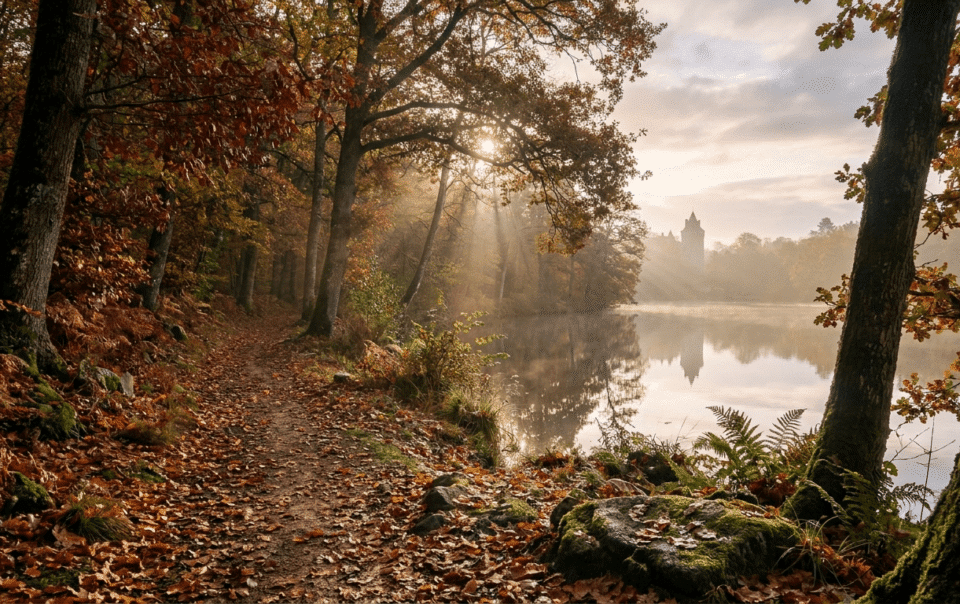 Château de Combourg et forêt aux couleurs d'automne se reflétant dans le lac Tranquille en Bretagne