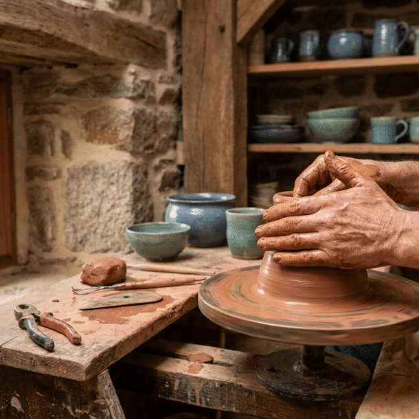 Mains façonnant de l'argile sur un tour de potier lors d'un atelier poterie près de Combourg en Ille-et-Vilaine, Bretagne