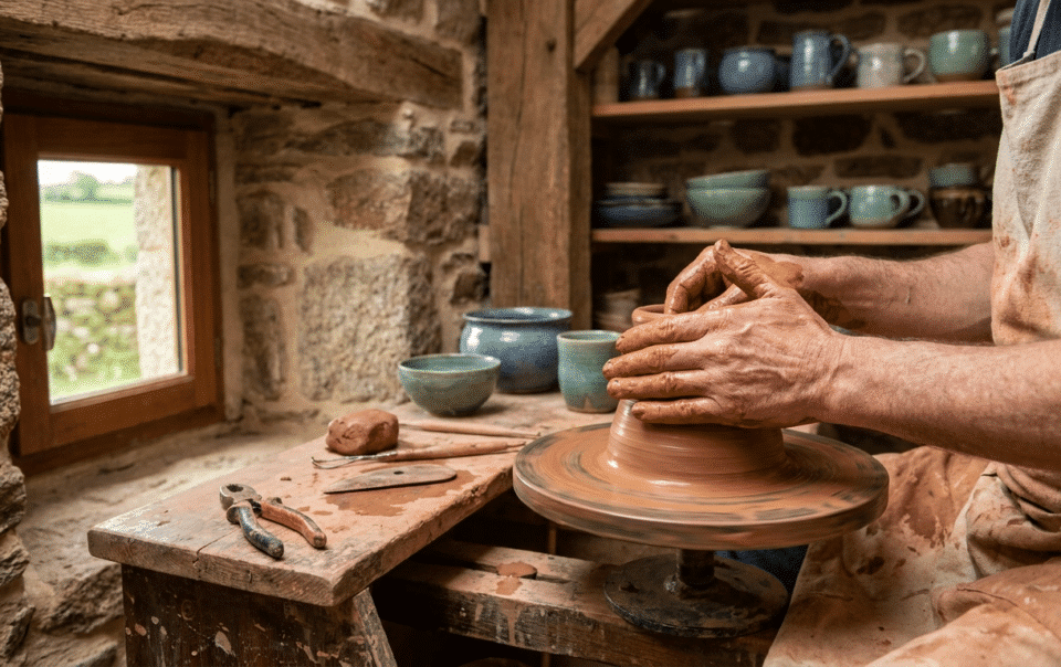 Mains façonnant de l'argile sur un tour de potier lors d'un atelier poterie près de Combourg en Ille-et-Vilaine, Bretagne