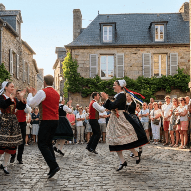 Danseurs en costumes traditionnels du Festival Folklores du Monde dans les rues de Saint-Malo en Bretagne