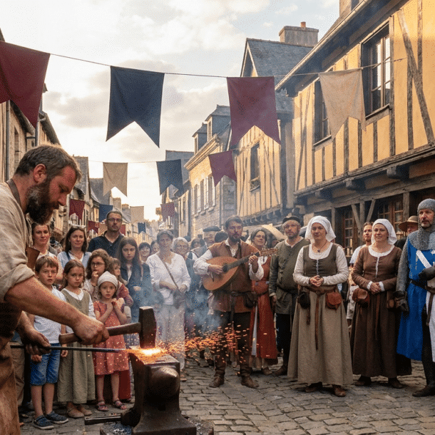Chevaliers en armure lors du tournoi des Fêtes des Remparts de Dinan, fête médiévale dans la vieille ville en Bretagne