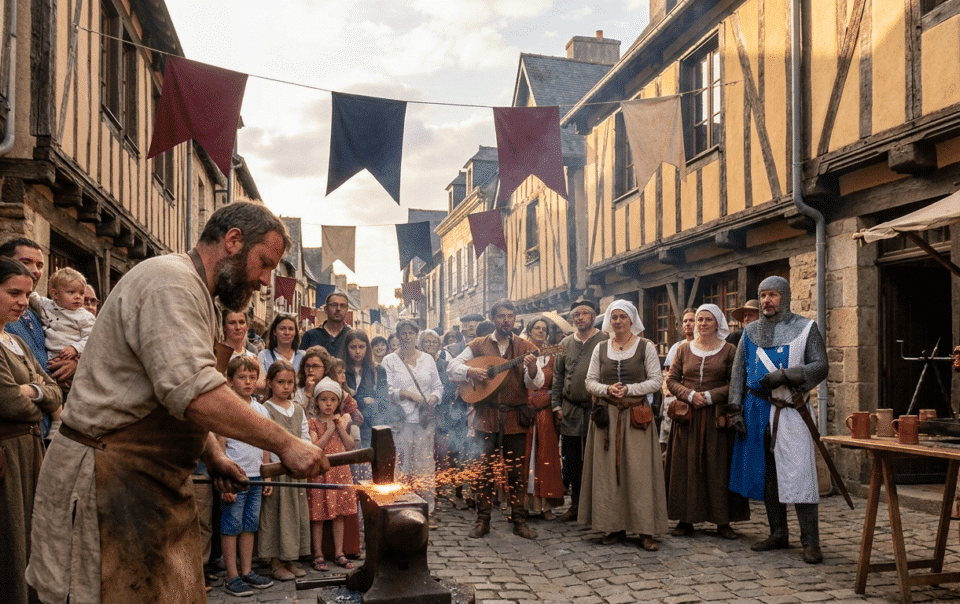 Chevaliers en armure lors du tournoi des Fêtes des Remparts de Dinan, fête médiévale dans la vieille ville en Bretagne