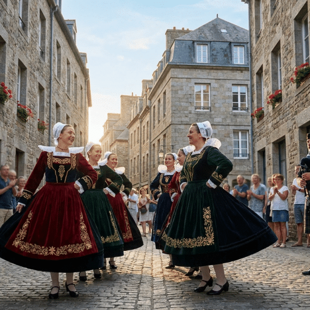 Danseurs en costumes traditionnels au Festival Folklores du Monde dans les rues d'Intra-Muros à Saint-Malo en Bretagne