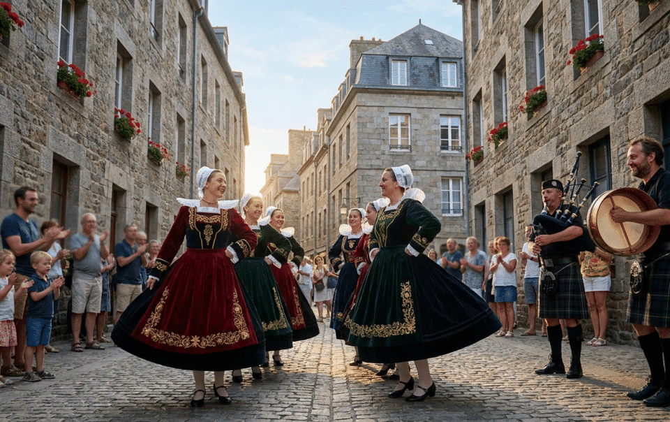 Danseurs en costumes traditionnels au Festival Folklores du Monde dans les rues d'Intra-Muros à Saint-Malo en Bretagne