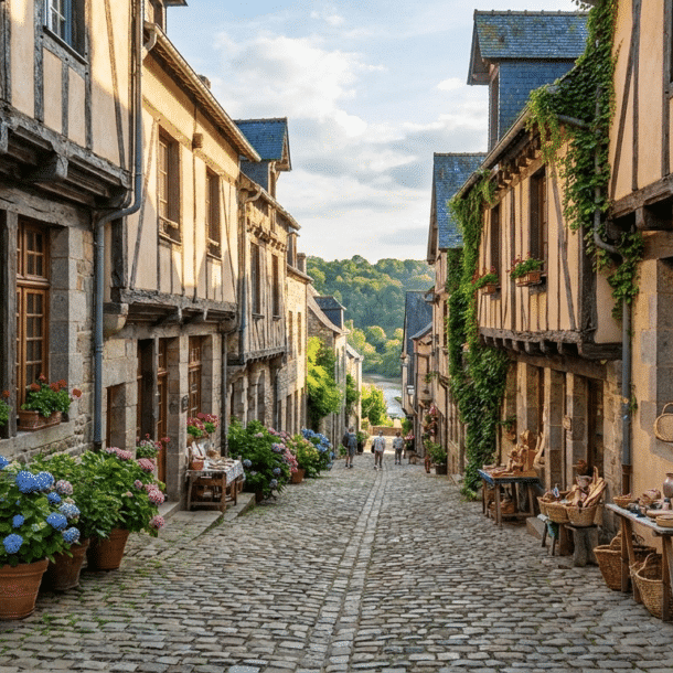 Remparts et maisons à pans de bois de la cité médiévale de Dinan dominant la vallée de la Rance en Bretagne